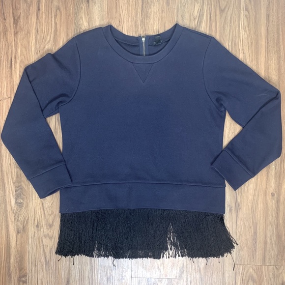 J. Crew Navy Blue Sweatshirt w/ Black Fringe - Picture 1 of 9